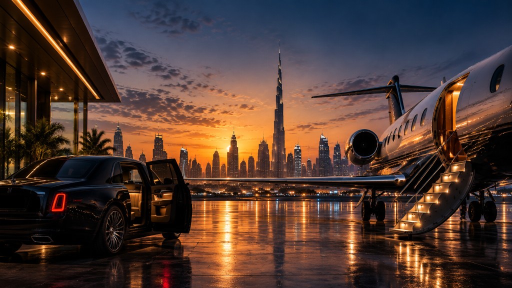 Black luxury car and a private jet on the tarmac at sunset, Dubai skyline and Burj Khalifa beyond